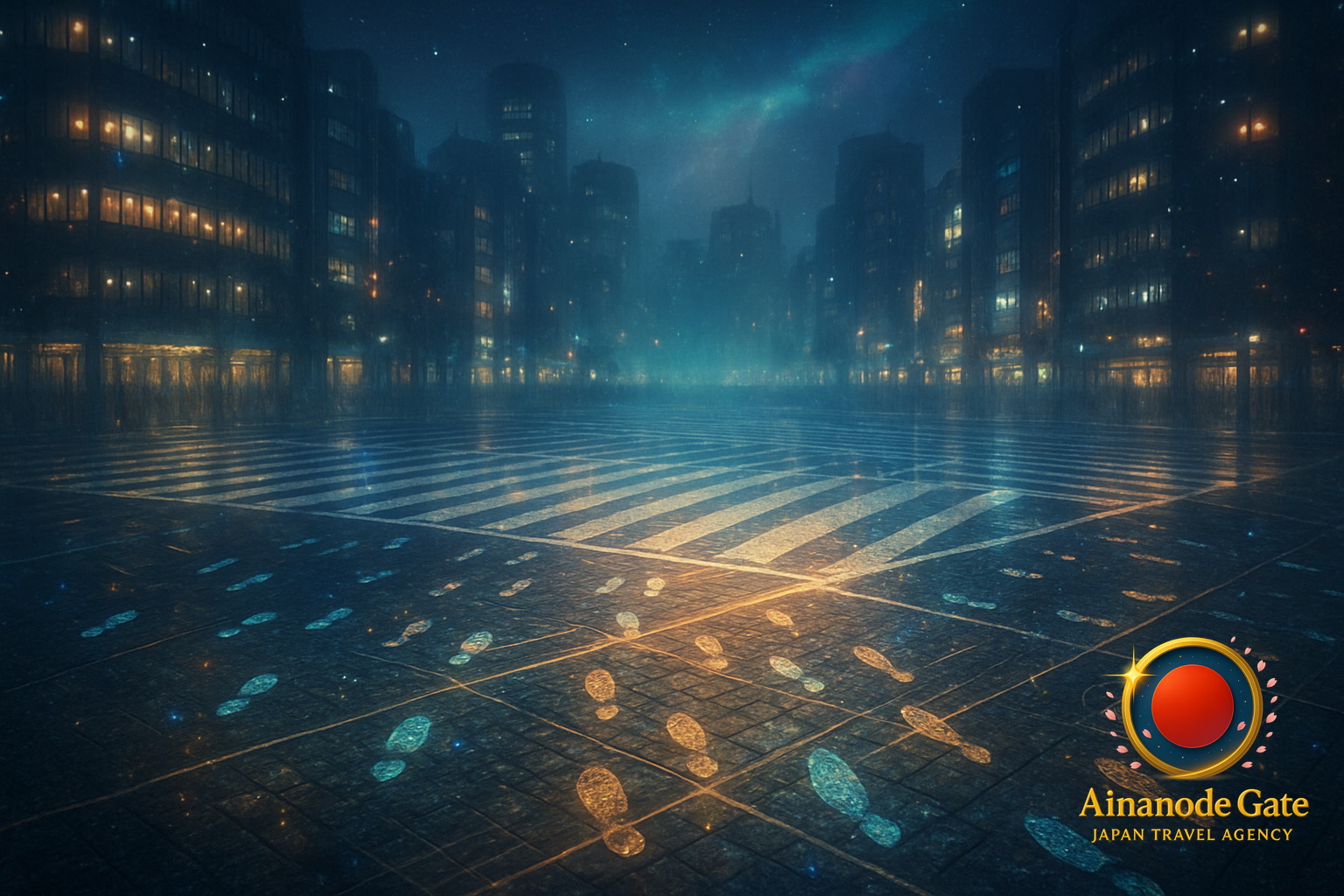 foreground: glittering pavement and streaks of light; midground: crisscrossing footsteps threading a luminous grid; background: a hazy city skyline dissolving into night