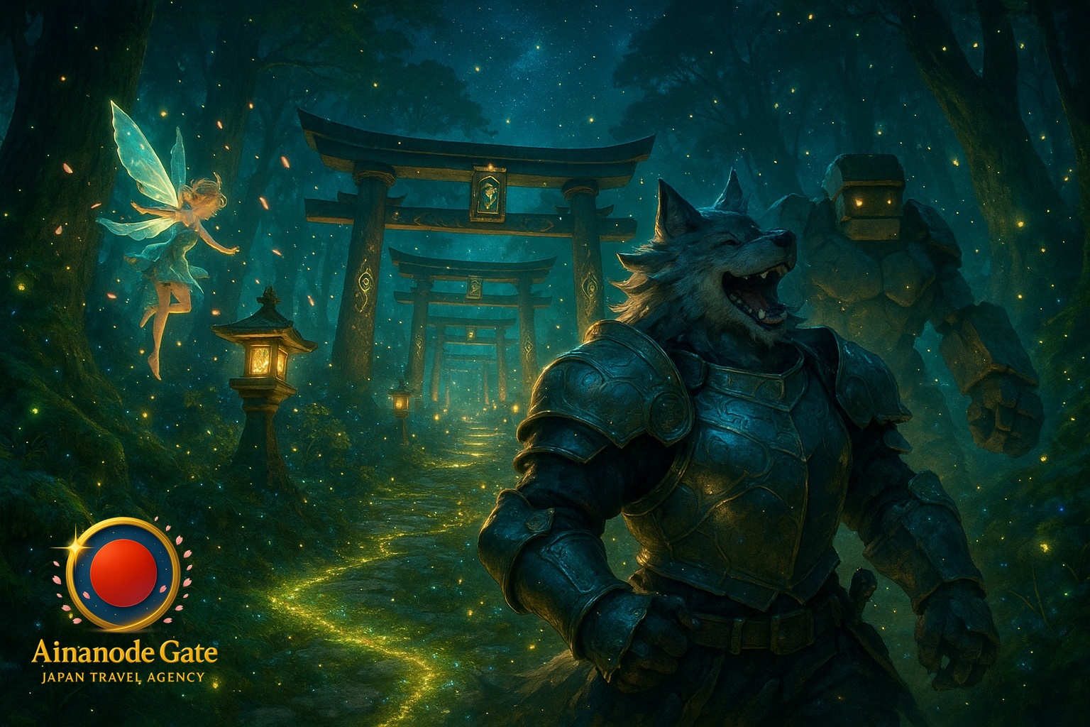 Mystical forest trail in foreground / ancient shrine complex in midground / towering sacred mountains in background