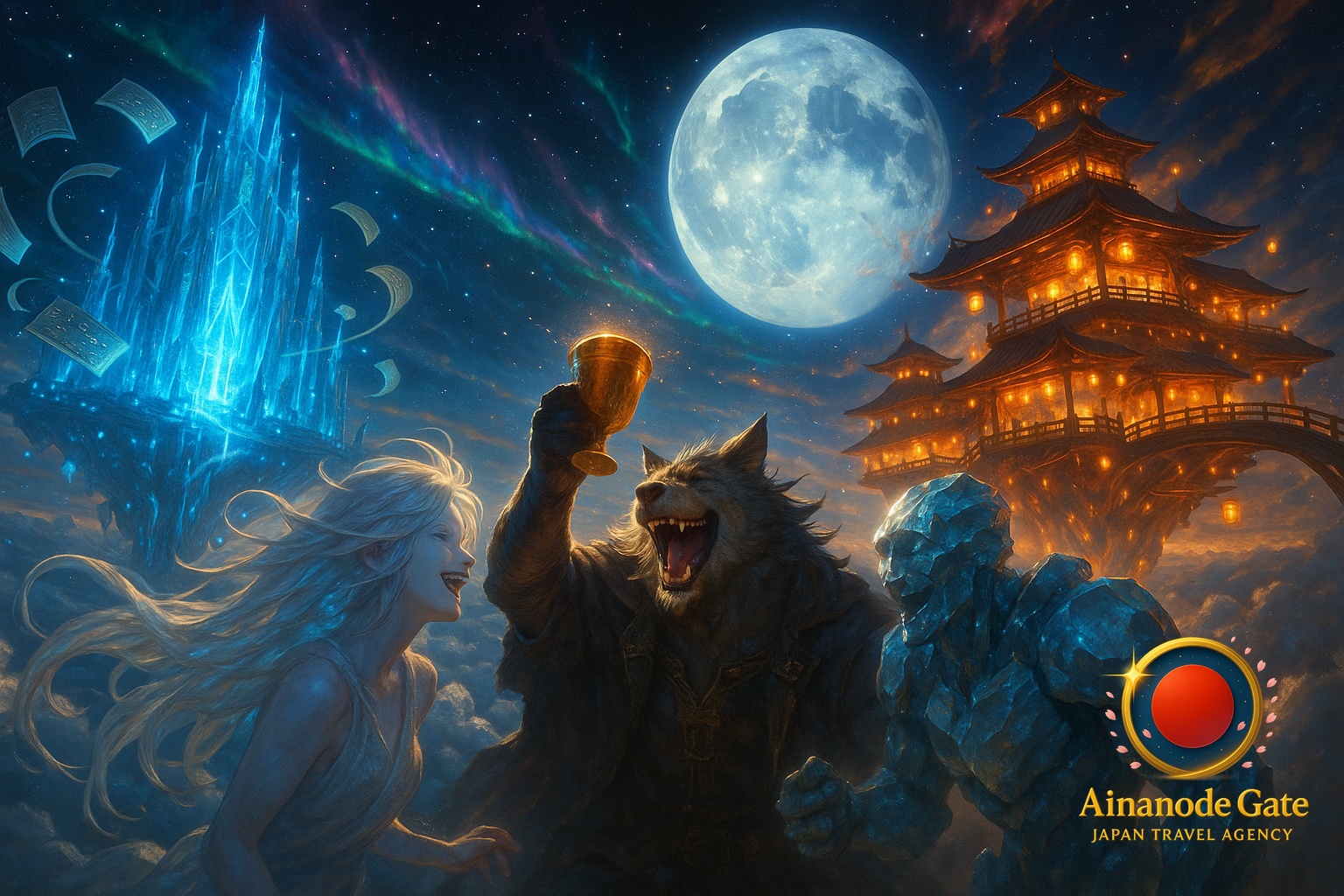 Glowing lanterns in the foreground, twin crystalline towers in the midground, vast floating bridges in the background