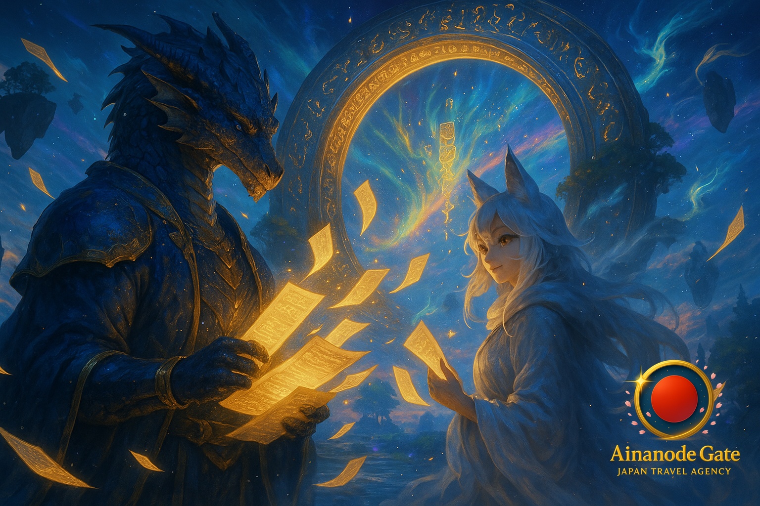 Foreground glowing scrolls, Midground crystal gate, Background sunrise over floating islands