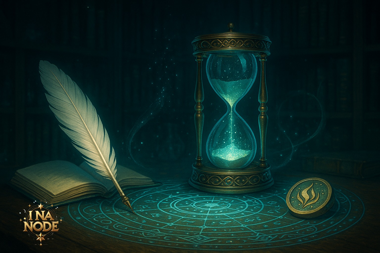 継続魔法研究所で羽根ペンと時間砂時計が光る幻想風景