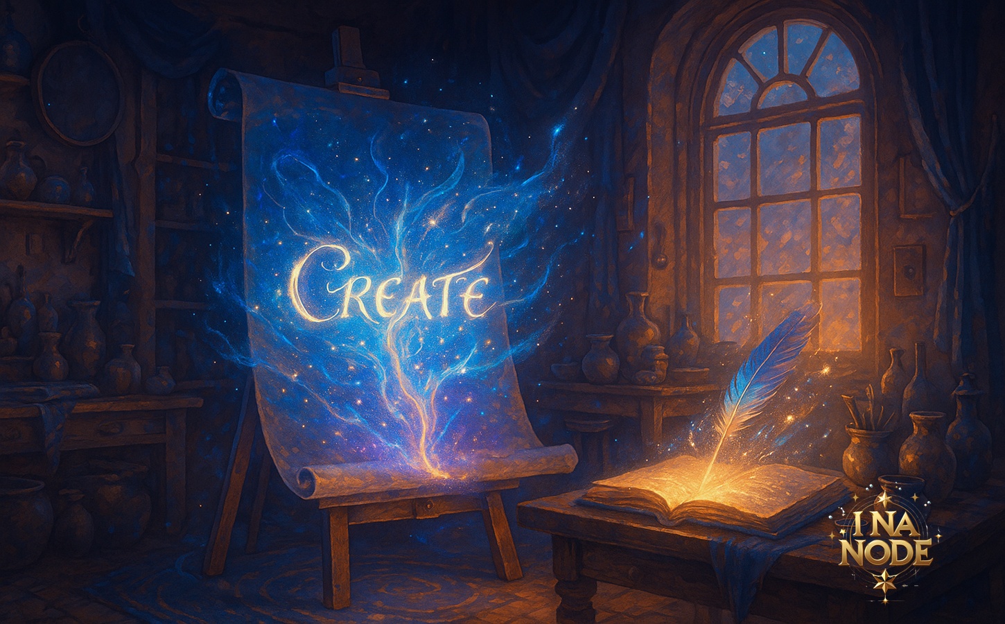 創造工房に広がる魔導画布と言葉から生まれる光の幻想風景