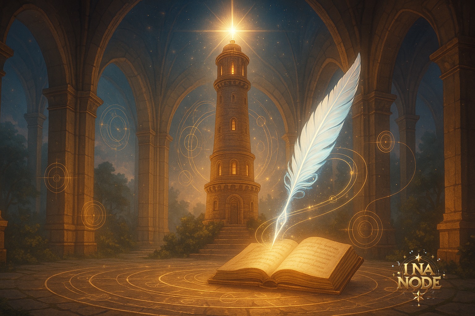 習慣の塔と魔導書に刻まれる光る羽根ペンの風景