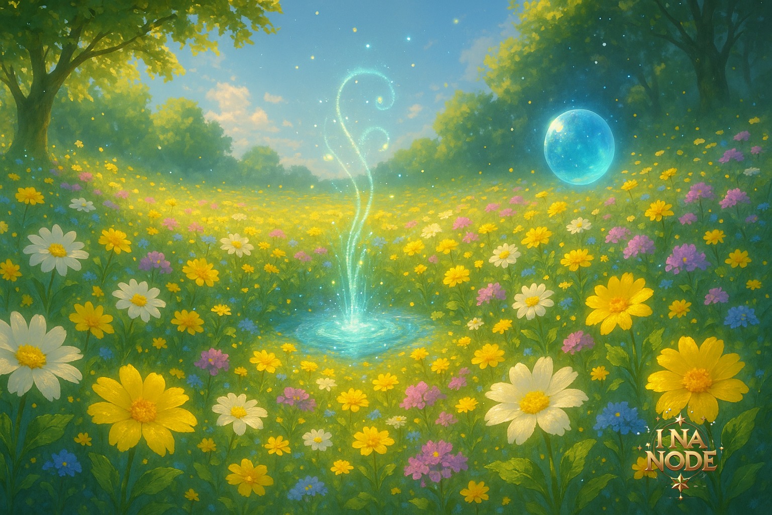 光導の泉が咲き誇る花畑に囲まれた明るい幻想風景