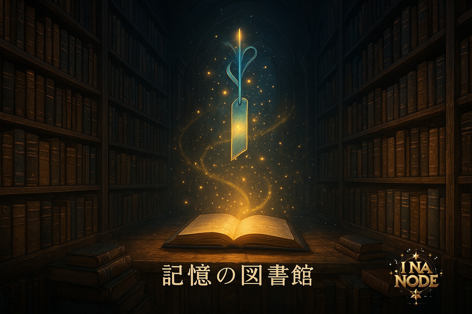 記憶の図書館に習慣のしおりが光る、時間が蓄積される魔法空間の幻想風景