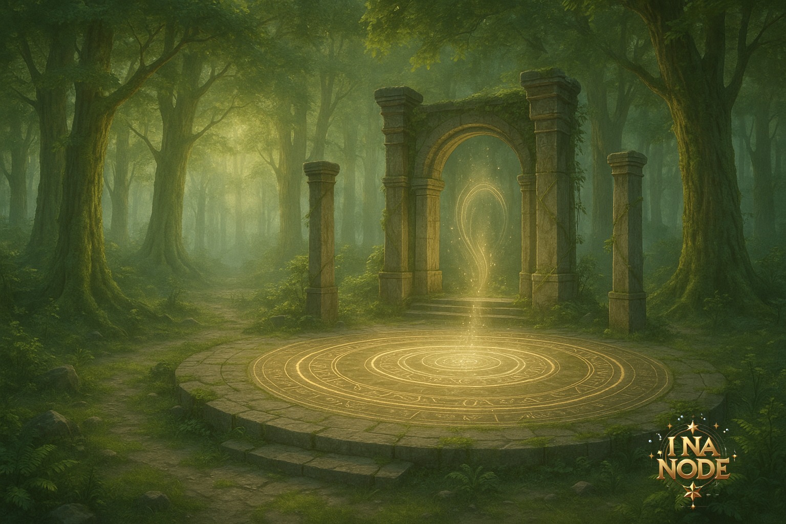 光導の森の最深部に佇む封印の癒所と魔導陣の風景