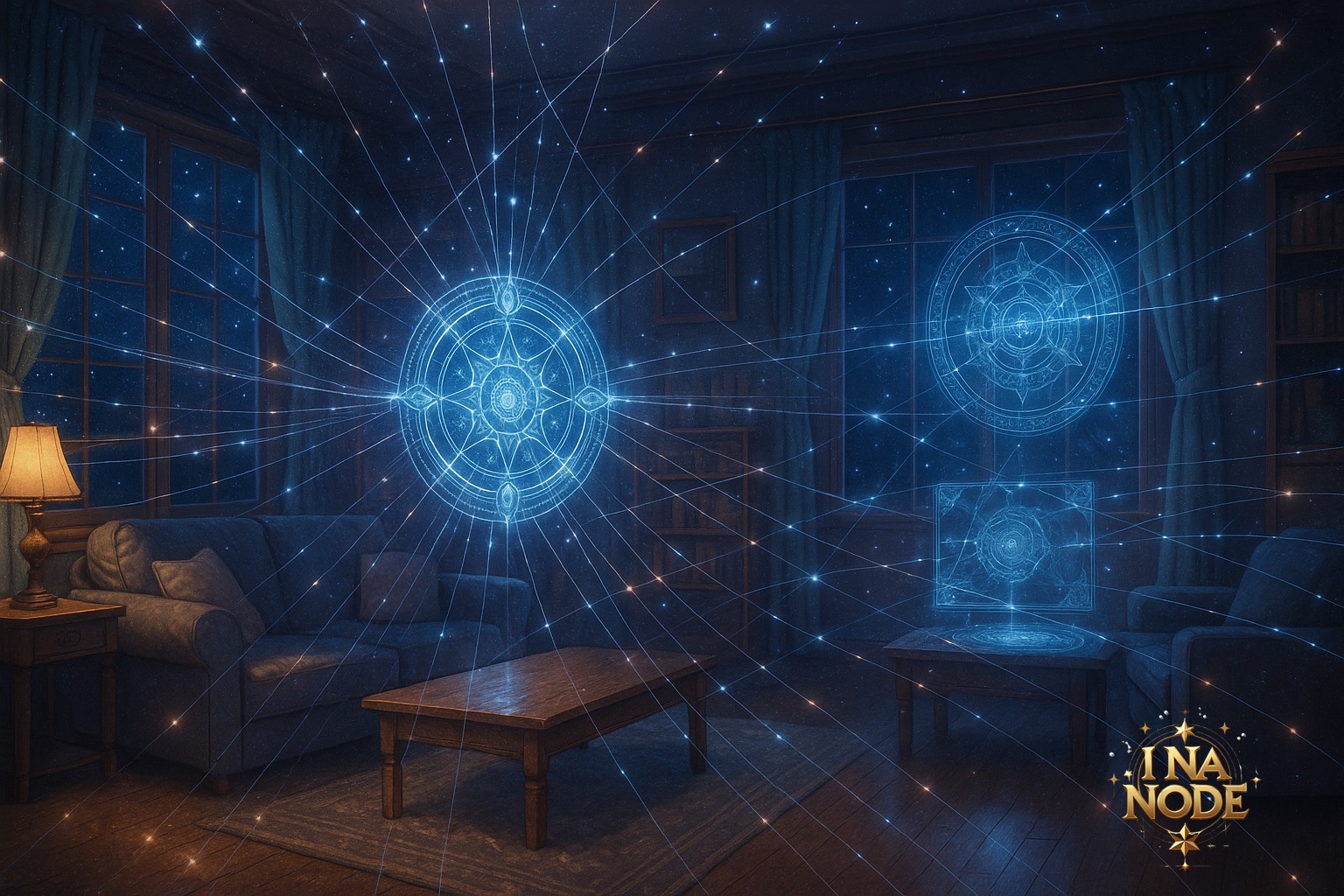 星屑が舞うファンタジー世界のリビングに光魔法陣ルーターと映像結界が広がる幻想風景