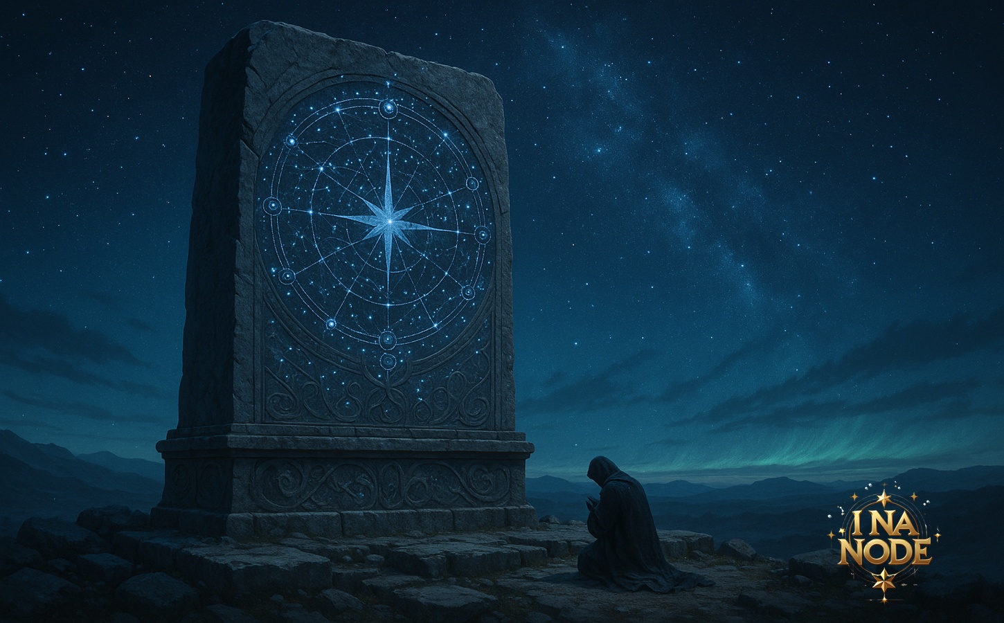 星図を刻んだ石板と北方の空、音なき祈りの幻想的風景
