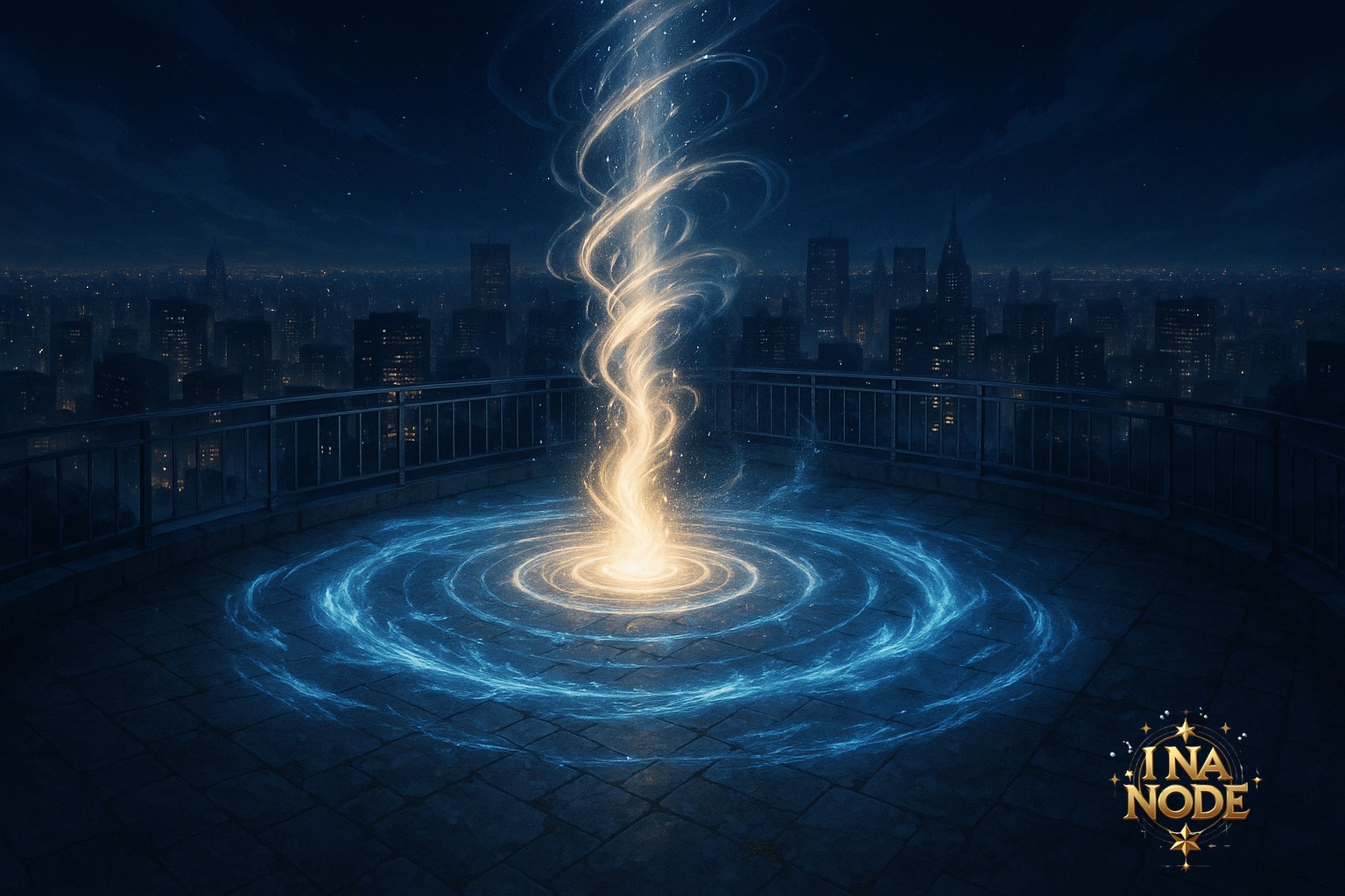 摩天楼の頂に舞う冷気の魔導渦の風景