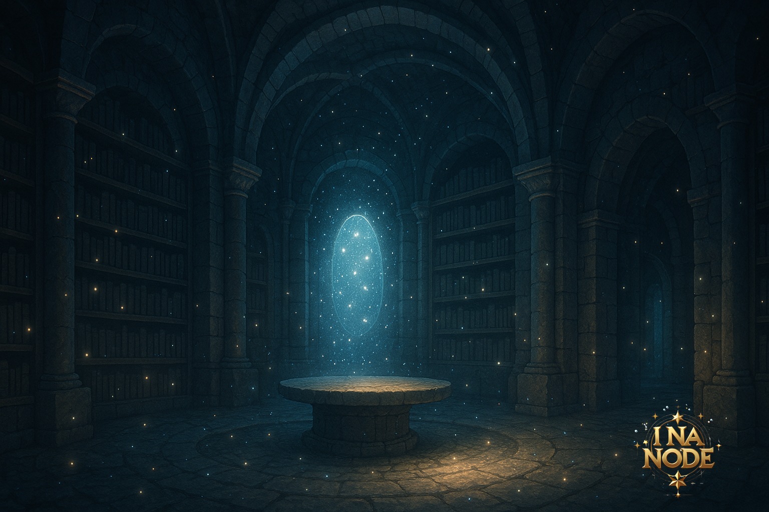 石造りの書庫に光の粒が舞う幻想的な風景