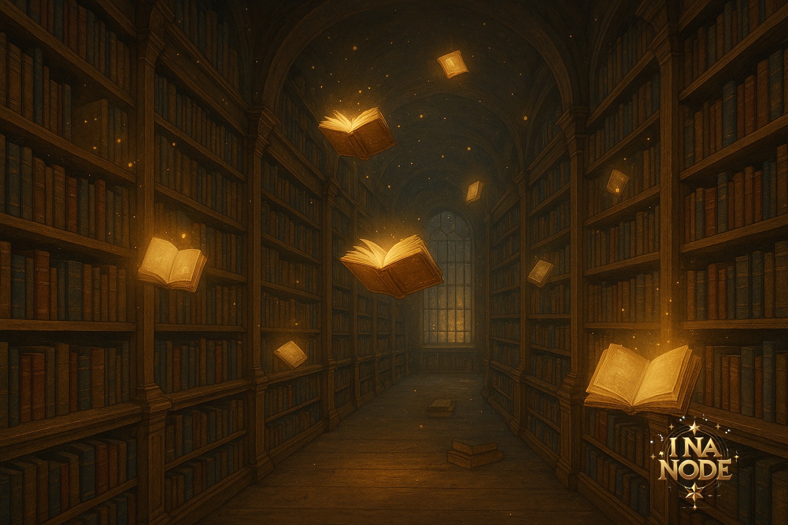 光る本が漂う幻想的な図書館の風景