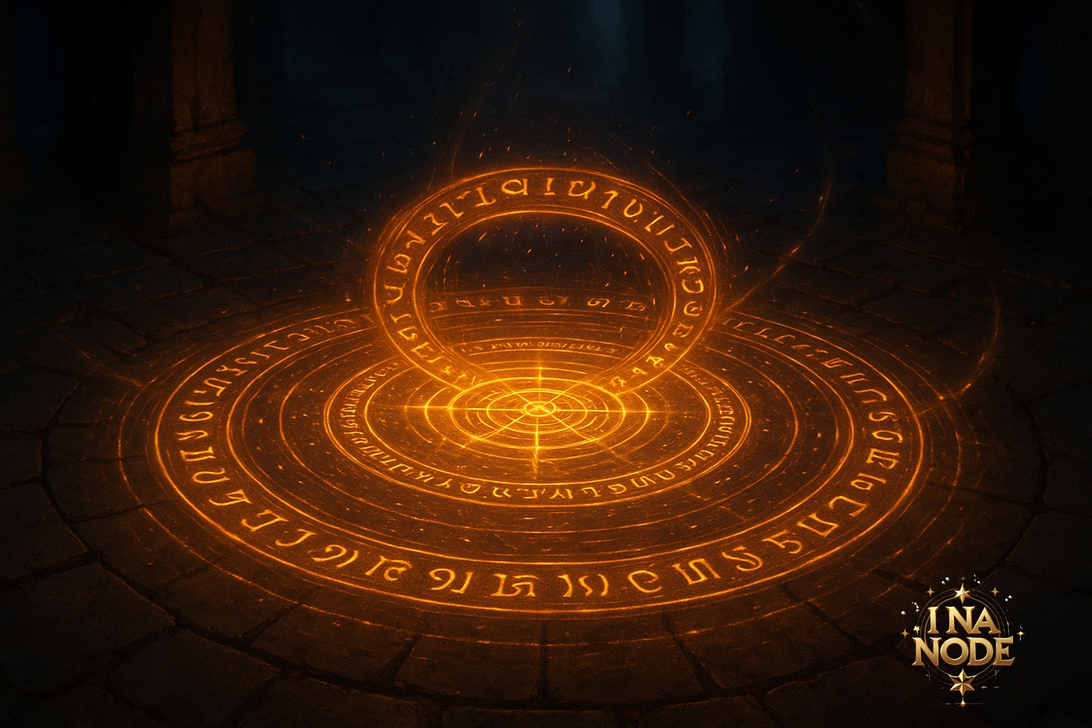 光の魔法陣と回転する文字列が輝く幻想的な風景