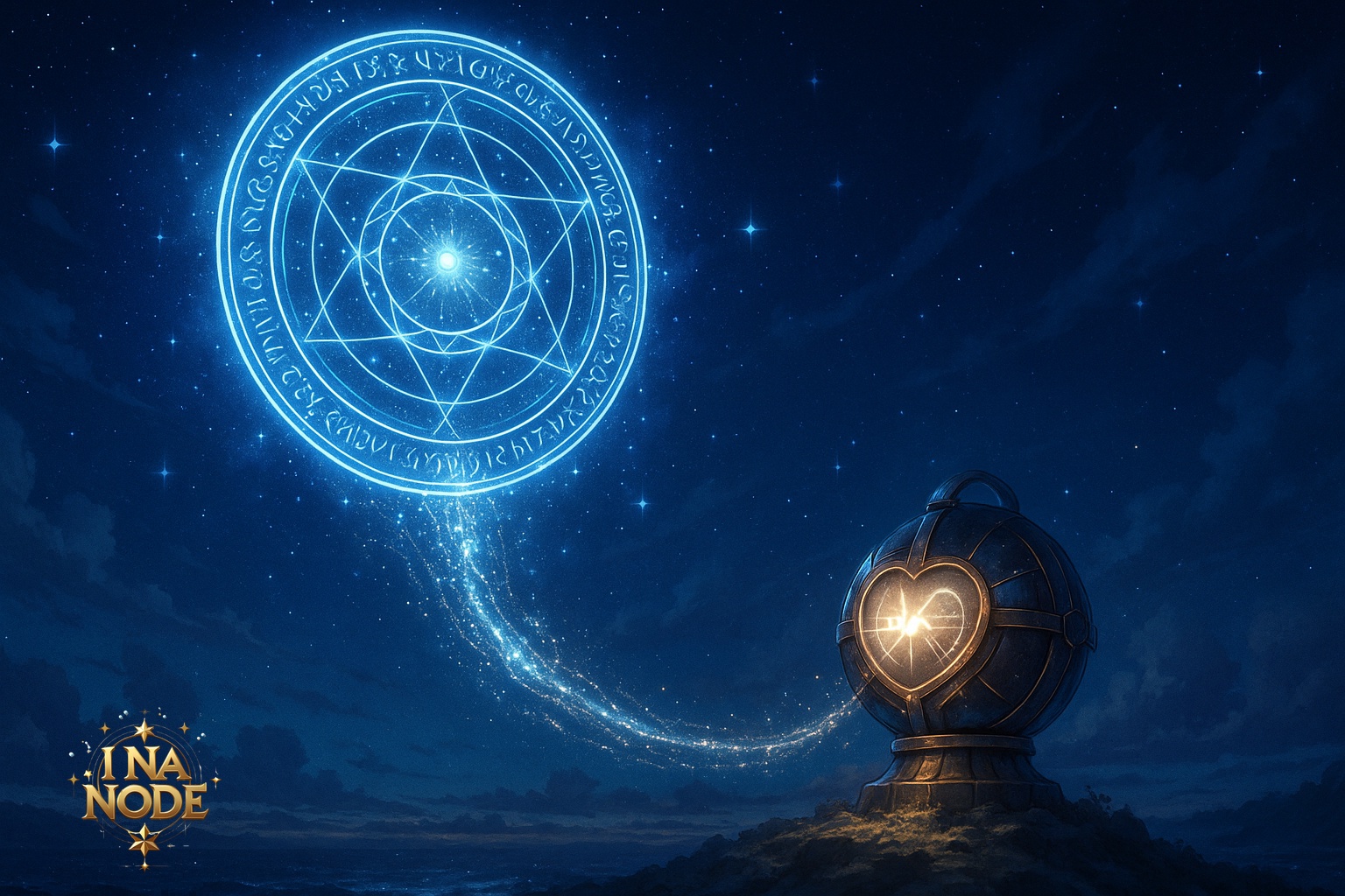 夜空に浮かぶ魔法陣と光の航路の幻想的な風景