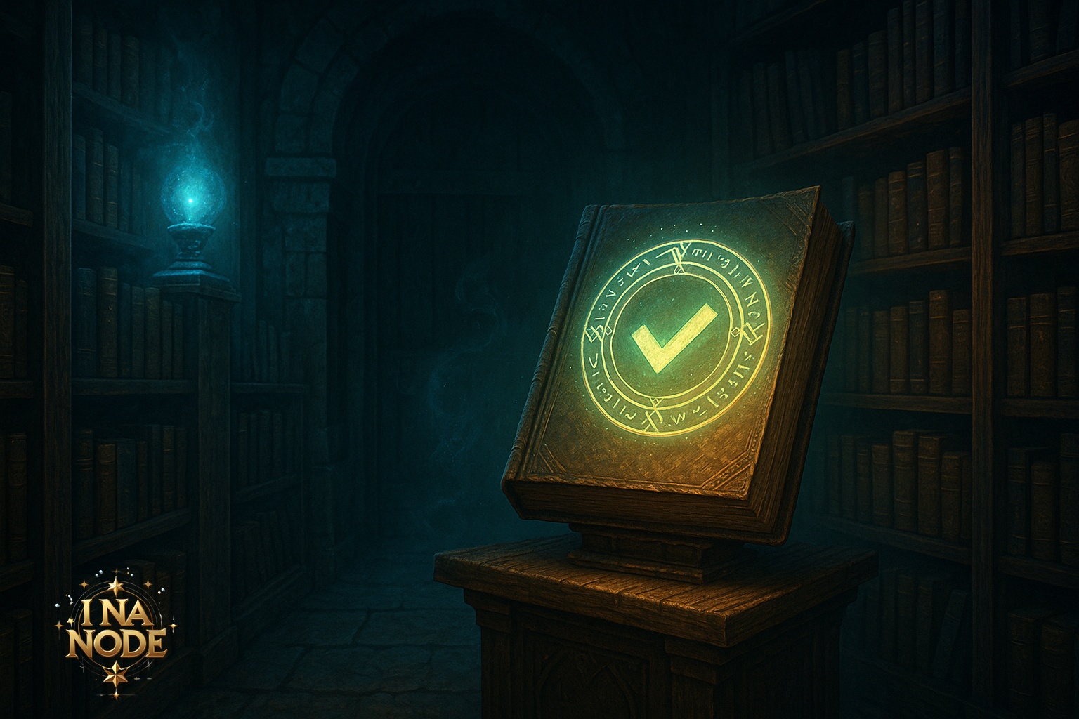 契約の魔法書保管庫に浮かぶ光る許可印の幻想的な風景
