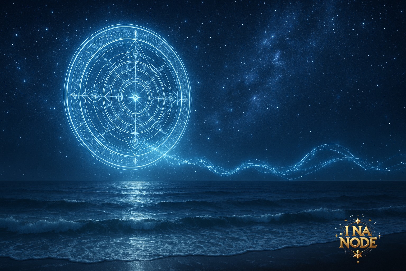 満天の星空と波間に浮かぶ巨大な魔法陣と青白い光が海を越える幻想的な風景