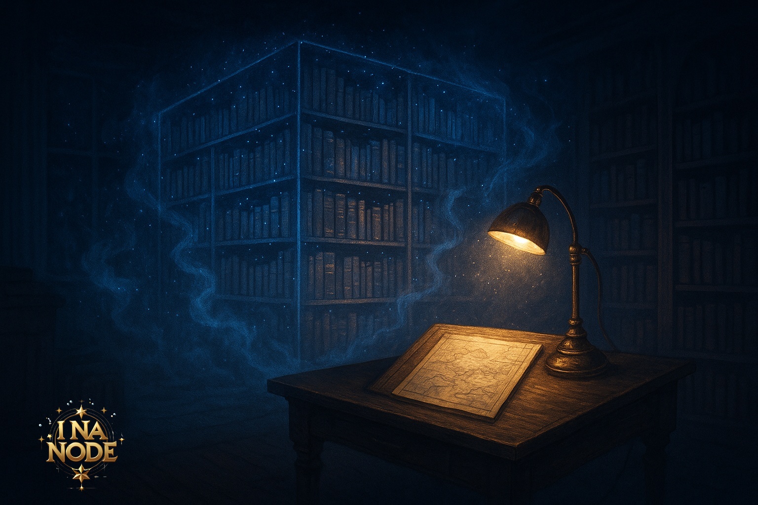夜更けの家に現れる仮想の書庫と光るページの幻想的な風景