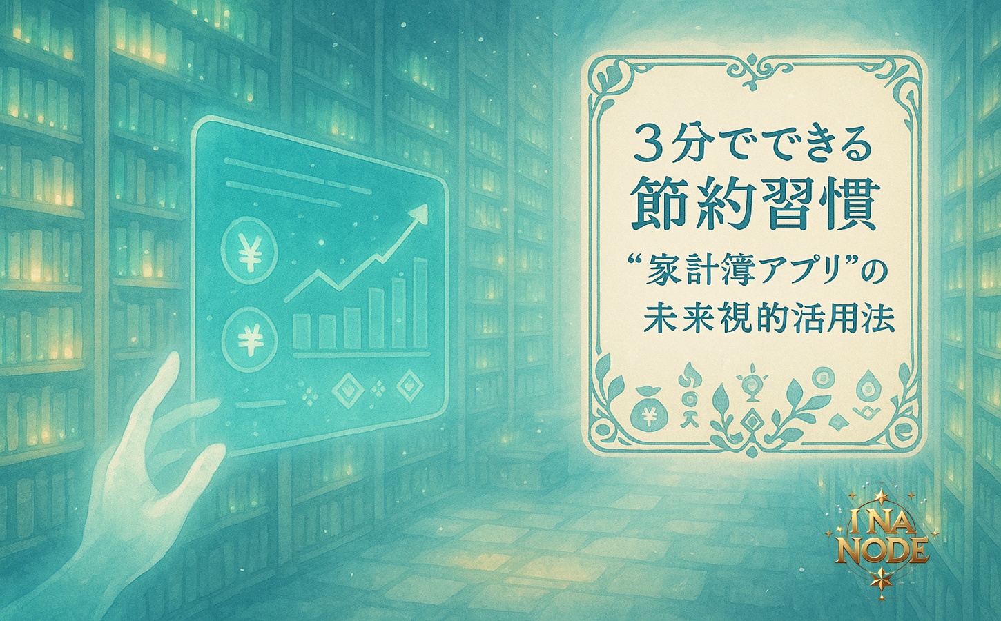光る書架が並ぶ未来図書館で浮遊する家計情報の幻想風景