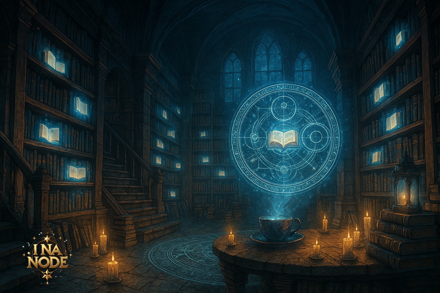 光の書物が棚に浮かび魔法陣が輝く導きの書庫の風景