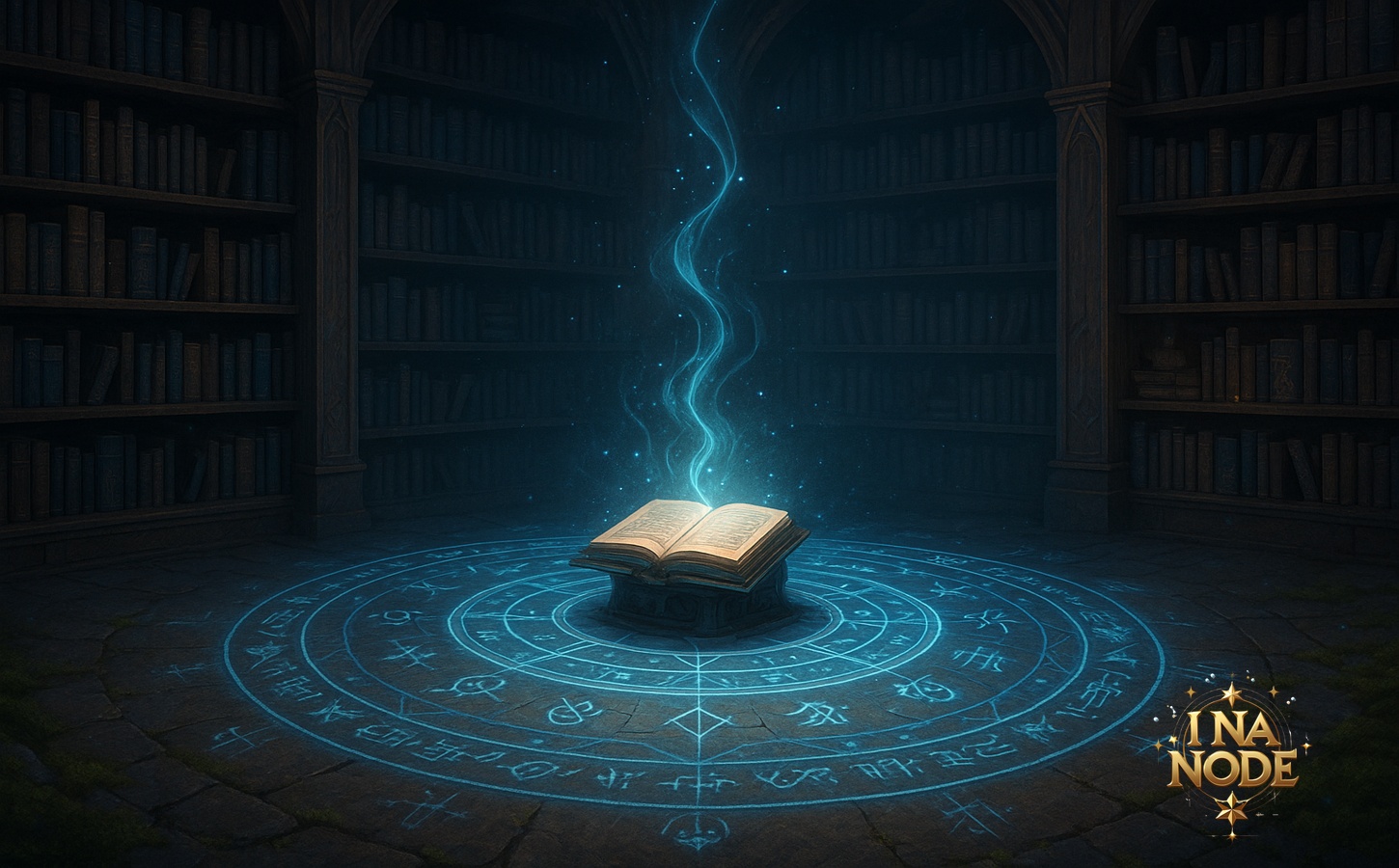 錬成書の図書館に浮かぶルーンの光と習慣の魔導陣の幻想風景