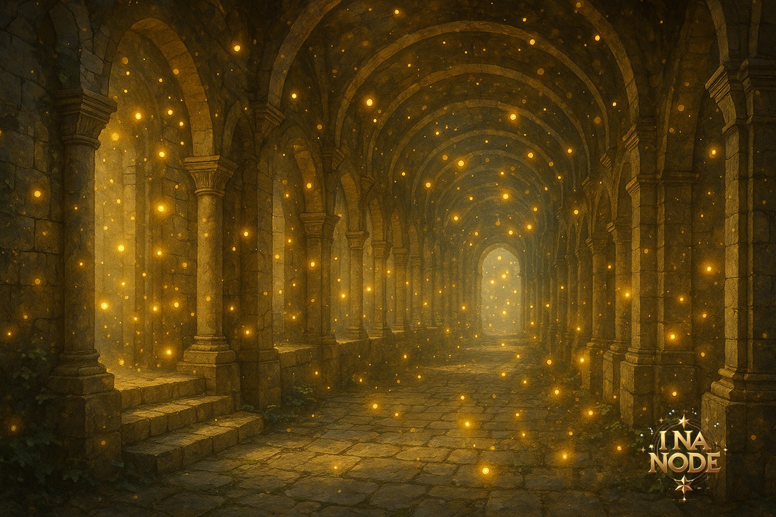 光の粒が漂う幻想的な石造りの回廊の風景