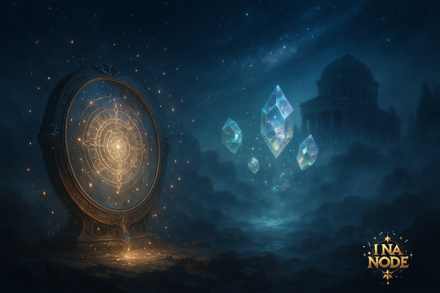 近景に光粒子を放つ魔導鏡、中景に美肌を象徴する浮遊結晶、遠景に星空と霧に包まれた幻想の神殿が広がる風景