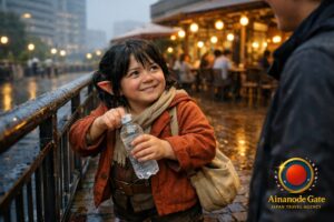 Slow Rain Threads Across Ebisu Brick Walk